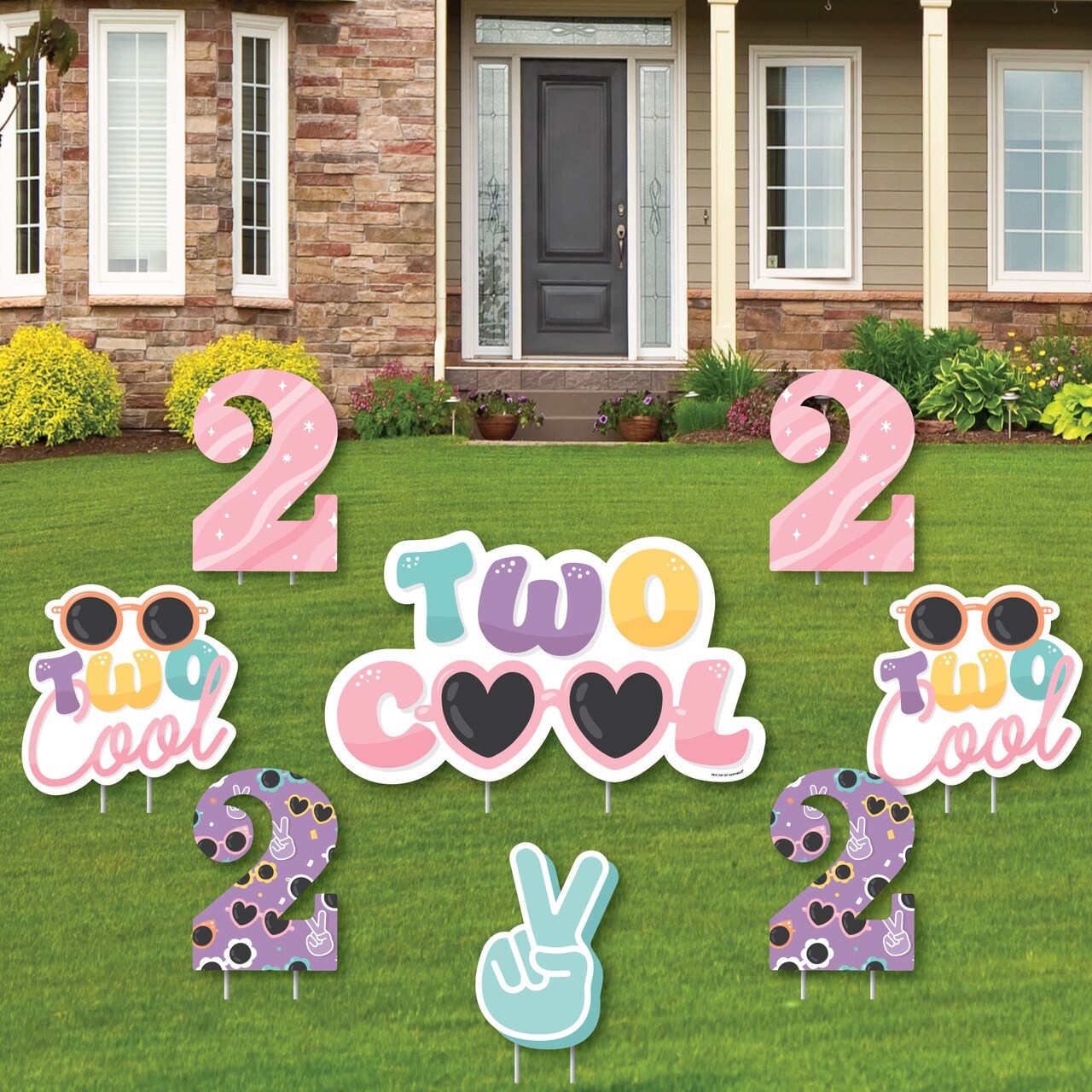 Big Dot of Happiness Two Cool - Girl - Yard Sign and Outdoor Lawn Decorations - Pastel 2nd Birthday Party Yard Signs - Set of 8